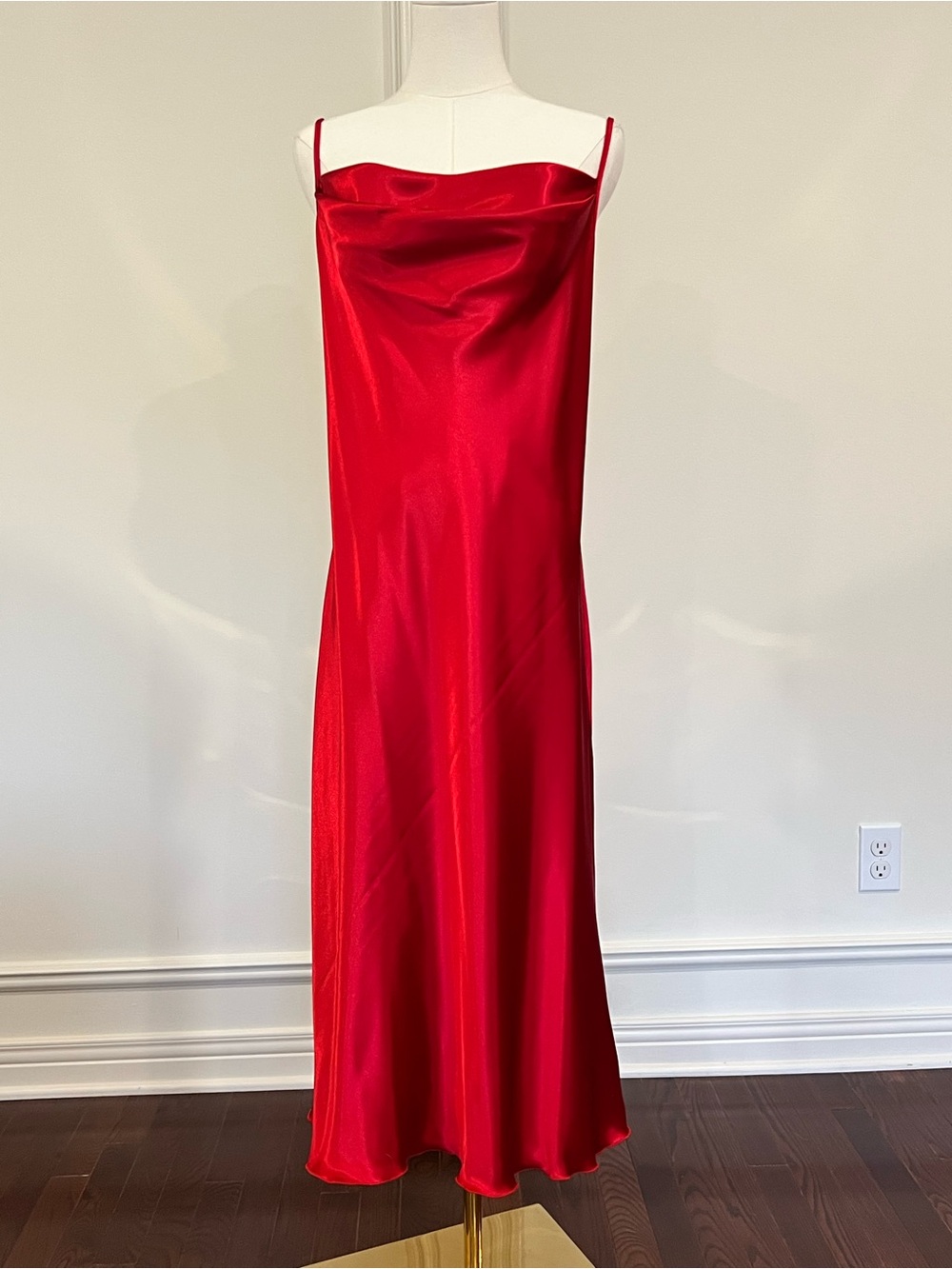 Bebe Red Satin Cowl Neck Bias Slip Midi Dress Y2K 90s Sirencore Old Hollywood